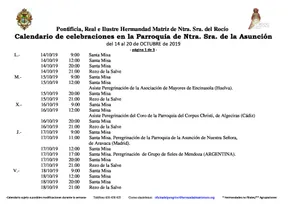 Calendario ce Celebraciones en la Parroquia de la Asuncion de Almonte del 14 al 20 de octubre de 2019