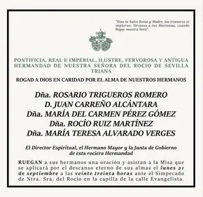 Recordatorio oficial de la Hermandad de Nuestra Señora del Rocío de Sevilla-Triana con nombres de hermanos difuntos y convocatoria a misa de réquiem