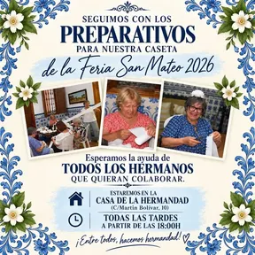 Tres mujeres mayores sentadas en una sala decorada con azulejos tradicionales, cosiendo y preparando detalles para la caseta de la feria San Mateo 2026