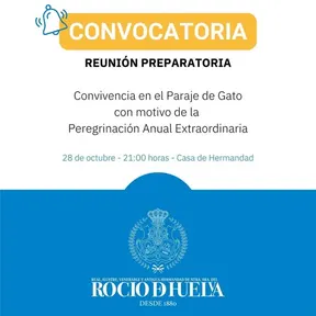 Cartel con convocatoria a reunión preparatoria para la Peregrinación Anual Extraordinaria el 28 de octubre a las 21:00 en la Casa de Hermandad de Rocío de Huelva