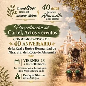 Cartel con texto sobre el 40 aniversario de la Hermandad del Rocío de Almensilla con imagen de carreta rociera y campanario al fondo entre árboles