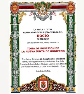 Cartel con marco decorativo que anuncia la toma de posesión de la nueva Junta de Gobierno de la Hermandad de Nuestra Señora del Rocío de Moguer el 20 de septiembre a las 20:00 horas en la iglesia parroquial de Moguer