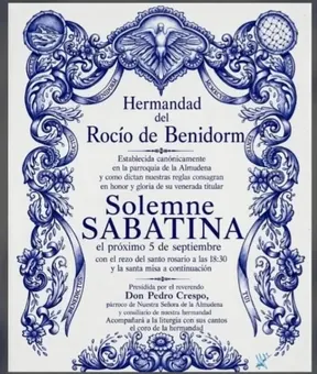 Invitación en azul y blanco con motivos florales y religiosos que anuncia la Solemne Sabatina de la Hermandad del Rocío de Benidorm el 5 de septiembre