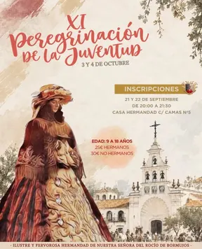 Cartel artístico con imagen de la Virgen y el Santuario del Rocío anunciando la XI Peregrinación de la Juventud los días 3 y 4 de octubre de 2026 con detalles de inscripción y edades participantes