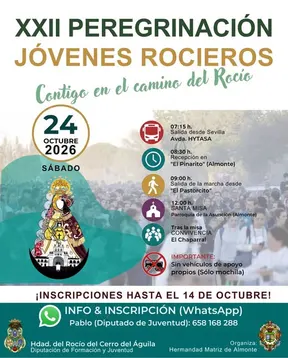 Cartel con información sobre la XXII Peregrinación de Jóvenes Rocieros el 24 de octubre de 2026 con horarios, actividades y datos de inscripción