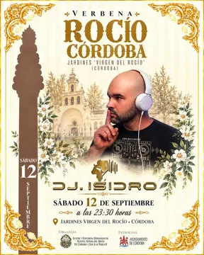Cartel dorado con ornamentos florales que anuncia la verbena Rocío Córdoba el sábado 12 de septiembre con DJ Isidro en los Jardines Virgen del Rocío