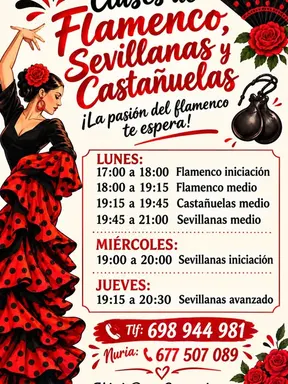 Cartel con ilustración de bailaora vestida de flamenca roja con lunares negros y horarios de clases de flamenco, sevillanas y castañuelas en Santander
