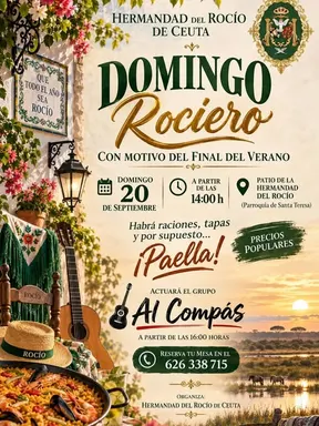 Cartel con detalles del Domingo Rociero en Ceuta el 20 de septiembre con paella, tapas, música en vivo y precios populares en el patio de la Hermandad del Rocío