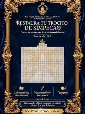 Cartel azul con marco dorado que invita a colaborar con la restauración del Simpecado Primitivo mediante donativos de 10 euros por cada parcela simbólica en un esquema cuadriculado central