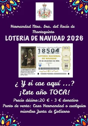Cartel con el número 18504 para la Lotería de Navidad 2026 de la Hermandad de Montequinto con detalles de precio y puntos de venta sobre fondo morado y motivos decorativos coloridos