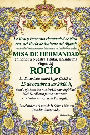 Cartel decorativo con motivos florales y ángeles que anuncia la misa de hermandad en honor a la Virgen del Rocío el 23 de octubre a las 20:00 horas en la parroquia de San Ildefonso