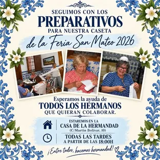 Tres mujeres mayores sentadas en una sala decorada con azulejos tradicionales, cosiendo y preparando detalles para la caseta de la feria San Mateo 2026