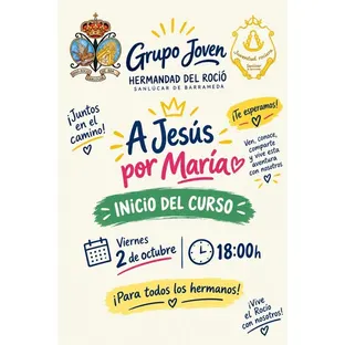 Cartel colorido con logos de la Hermandad del Rocío y Juventud Rociera, anunciando el inicio del curso del Grupo Joven el 2 de octubre a las 18:00 horas en Sanlúcar de Barrameda