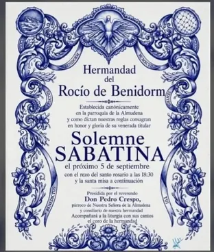 Invitación en azul y blanco con motivos florales y religiosos que anuncia la Solemne Sabatina de la Hermandad del Rocío de Benidorm el 5 de septiembre