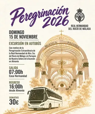 Cartel con información sobre la peregrinación en autobús el 15 de noviembre de 2026 organizada por la Hermandad del Rocío de Málaga con horarios y donativo de 30 euros