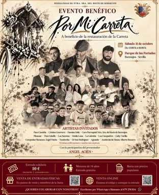 Cartel con fotos de los artistas invitados y detalles del evento benéfico Por Mi Carreta organizado por la Hermandad del Rocío de Bormujos en el Parque de las Portadas