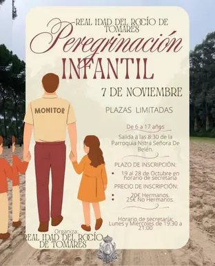 Ilustración de un monitor con camiseta beige y niños de la mano caminando por un sendero rodeado de árboles con texto informativo sobre peregrinación infantil en tonos marrones y beige