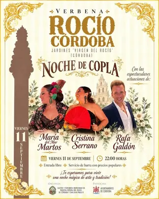 Cartel de la Noche de Copla en los Jardines Virgen del Rocío de Córdoba con imágenes de tres cantantes y detalles del evento el 11 de septiembre a las 22:00 horas