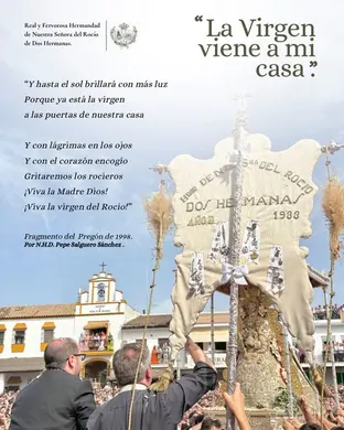 Estandarte blanco de la Hermandad de Dos Hermanas con la imagen de la Virgen del Rocío y personas levantándolo frente a una plaza llena de gente bajo un cielo azul con nubes