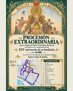 Cartel con ilustración de la Virgen del Rocío rodeada de ángeles, detalles dorados, texto con información de procesión extraordinaria y mapa del itinerario en Almería