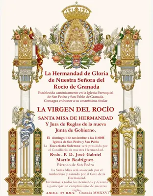 Cartel decorativo con motivos religiosos y texto en rojo que anuncia la misa y jura de reglas de la Hermandad del Rocío de Granada el 1 de noviembre de 2026 a las 11:00 horas en la Iglesia de San Pedro y San Pablo