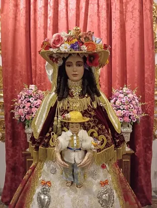 Imagen frontal de la Virgen del Rocío vestida con manto burdeos y sombrero de flores, sosteniendo al Pastorcito en sus brazos, con flores rosas al fondo