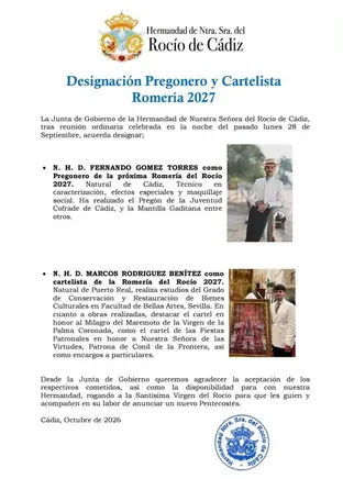 Documento oficial con el escudo de la Hermandad de Nuestra Señora del Rocío de Cádiz y dos fotografías pequeñas de hombres vestidos de blanco con sombrero, uno sentado y otro de pie en exteriores