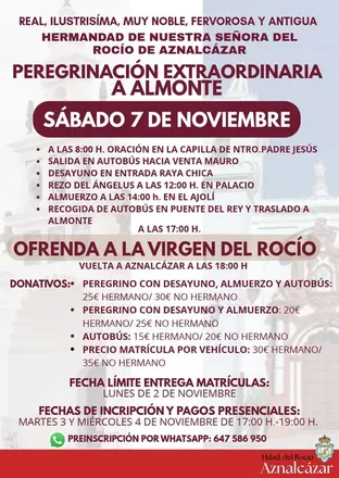 Cartel con información detallada sobre la peregrinación extraordinaria a Almonte el 7 de noviembre de 2026 organizada por la Hermandad de Nuestra Señora del Rocío de Aznalcázar, incluyendo horarios, rutas, donativos y fechas de inscripción