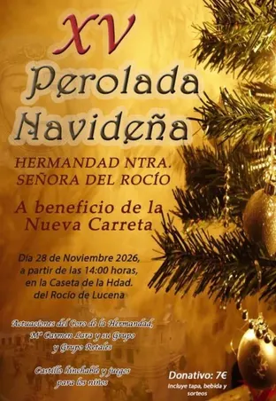 Cartel con texto dorado y rojo sobre fondo navideño que anuncia la XV Perolada Navideña de la Hermandad del Rocío de Lucena el 28 de noviembre de 2026 con música y actividades familiares