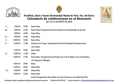 Calendario de Celebraciones en el Santuario del Rocio del 7 al 13 de mayo de 2018