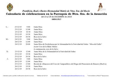 Calendario de Celebraciones en la Parroquia de la Asuncion del 23 al 29 de diciembre de 2019-1