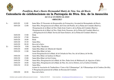 Calendario de Celebraciones en la Parroquia de la Asuncion del 13 al 19 de enero de 2020-2