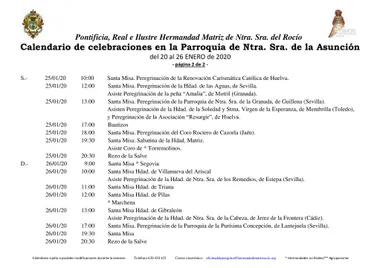 Calendario de Celebraciones en la Parroquia de la Asuncion del 20 al 26 de enero de 2020-2