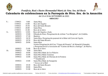 Calendario celebraciones Rocio del 13 ql 19 de septiembre 2021-2