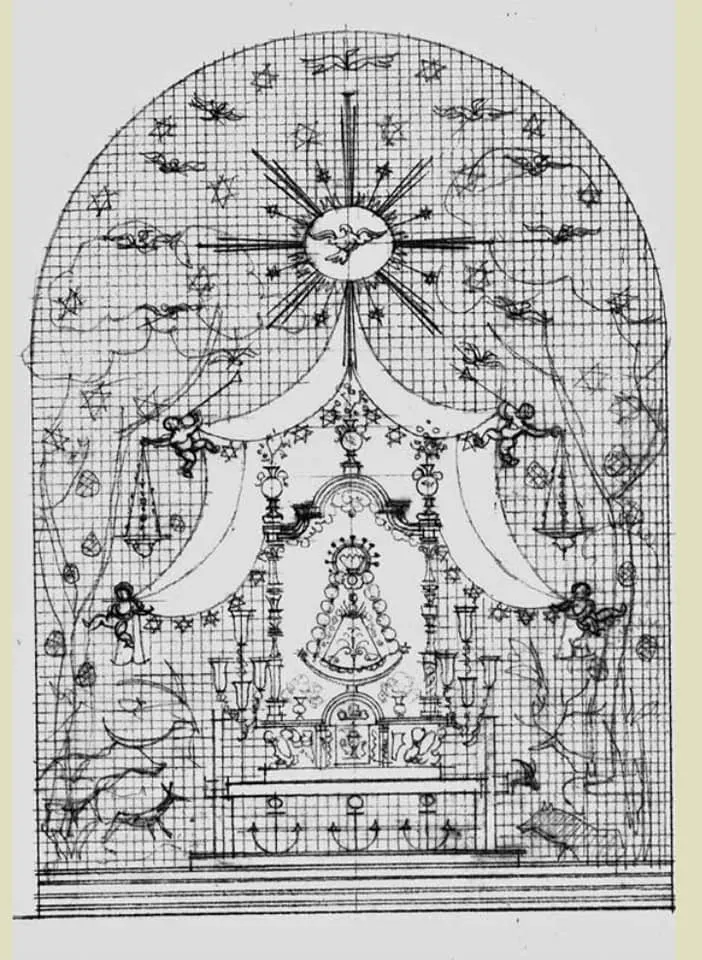 dibujo boceto) de retablo para Ntra. Sra. del Rocío por Juan Infante Galán