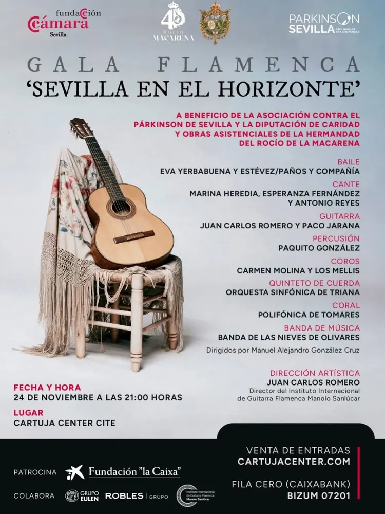 Cartel de la Gala Flamenca Sevilla en el Horizonte con imagen de guitarra sobre silla y detalles del evento benéfico a favor del Párkinson y Hermandad del Rocío