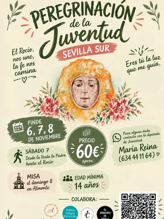 Cartel con ilustración de Virgen rodeada de flores y texto sobre peregrinación de juventud Sevilla Sur con fechas, precio y contacto para noviembre