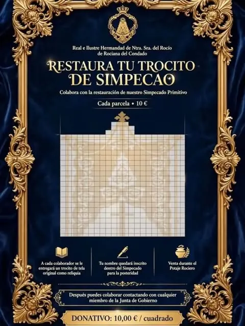 Cartel azul con marco dorado que invita a colaborar con la restauración del Simpecado Primitivo mediante donativos de 10 euros por cada parcela simbólica en un esquema cuadriculado central