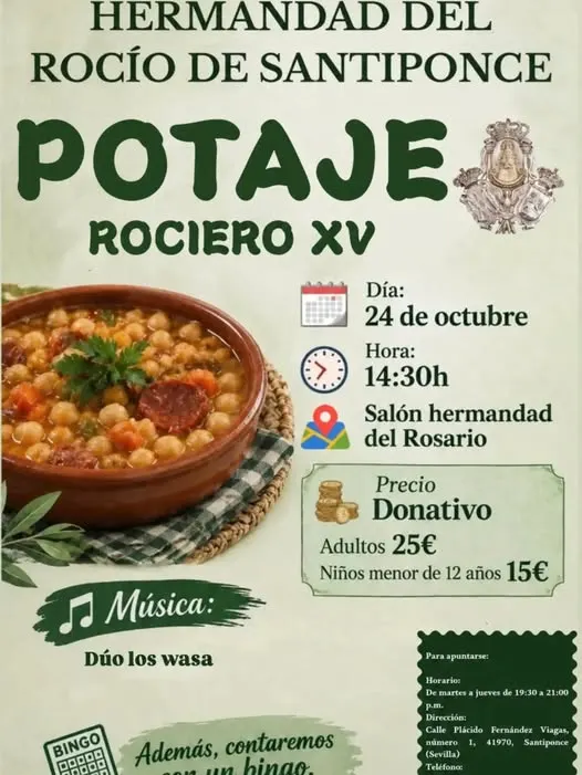 Cartel con información del Potaje Rociero XV de la Hermandad del Rocío de Santiponce con fecha, hora, lugar, precios y música en directo junto a un plato de potaje tradicional