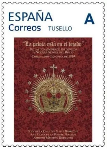 Correos emite un sello para la presentación en Huelva del libro mariano La pelota está en el tejado