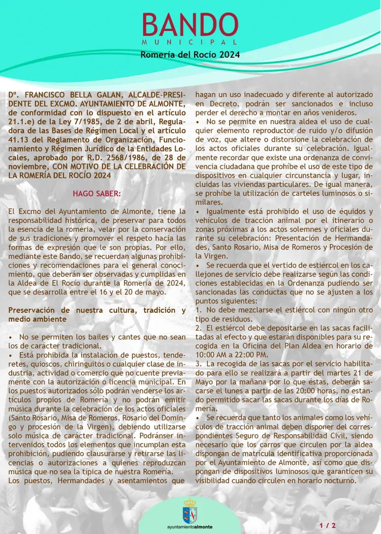 BANDO MUNICIPAL PARA LA ROMERÍA DEL ROCÍO 2024-1