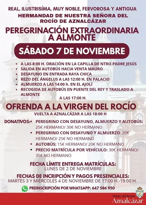 Cartel con información detallada sobre la peregrinación extraordinaria a Almonte el 7 de noviembre de 2026 organizada por la Hermandad de Nuestra Señora del Rocío de Aznalcázar, incluyendo horarios, rutas, donativos y fechas de inscripción