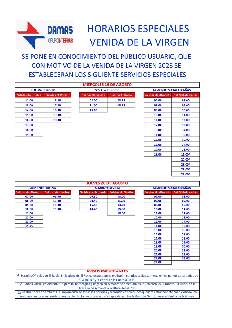 horarios damas 2026 venida rocio