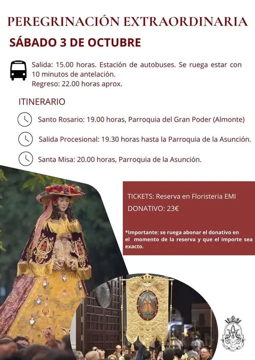 Cartel con detalles de la peregrinación extraordinaria a Almonte el 3 de octubre de 2026, con horarios, donativo y reserva en Floristería EMI, junto a imágenes de la Virgen del Rocío y el simpecado en procesión
