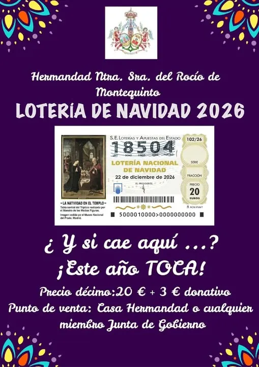 Cartel con el número 18504 para la Lotería de Navidad 2026 de la Hermandad de Montequinto con detalles de precio y puntos de venta sobre fondo morado y motivos decorativos coloridos