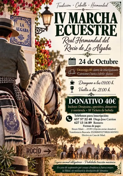 Persona vestida con traje tradicional montando un caballo blanco junto a una señal que indica dirección al Rocío en un entorno rural al atardecer