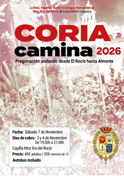 Cartel con texto rojo y negro sobre fondo de procesión religiosa que anuncia la peregrinación Coria Camina 2026 el 7 de noviembre con detalles de inscripción y precios