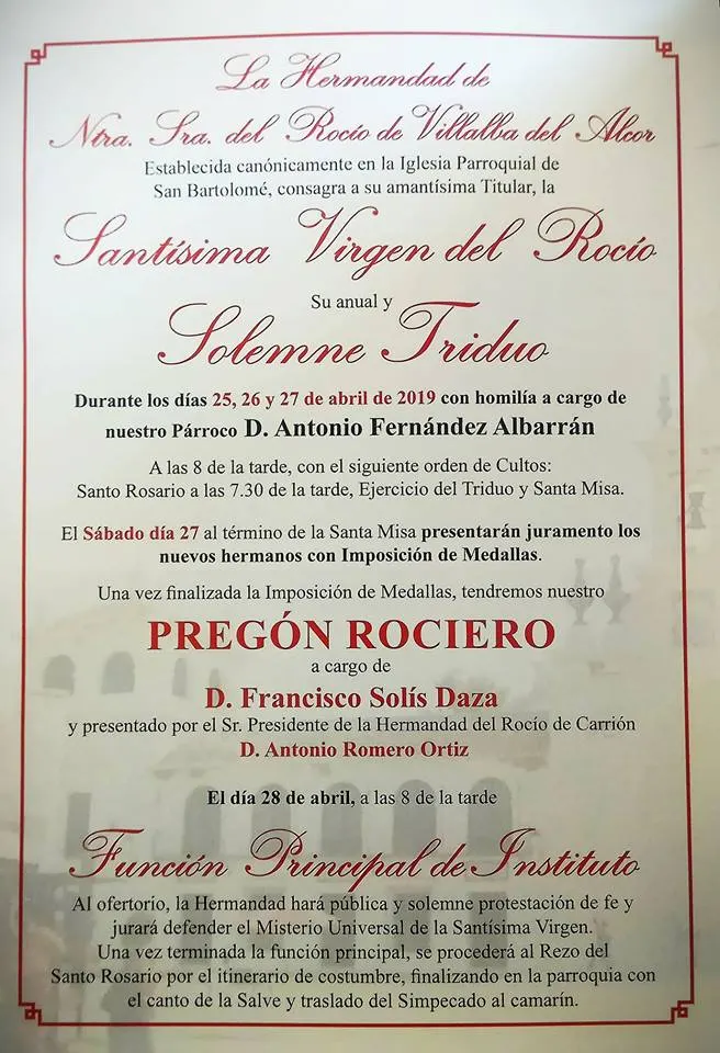 Villalba del alcor triduo y pregon rociero 2019