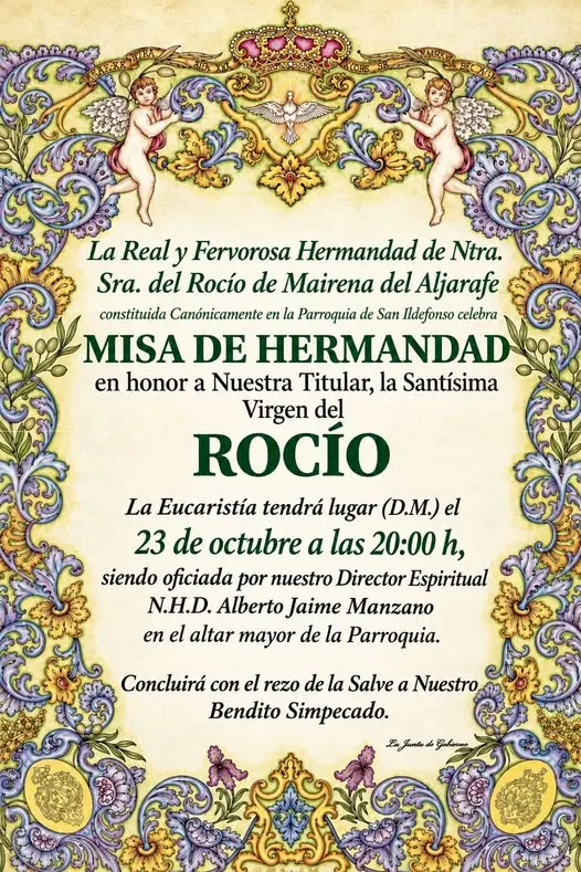 Cartel decorativo con motivos florales y ángeles que anuncia la misa de hermandad en honor a la Virgen del Rocío el 23 de octubre a las 20:00 horas en la parroquia de San Ildefonso