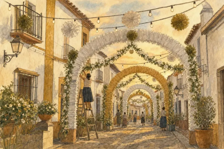 Ilustración de el pueblo y la aldea se engalanan: decoración, arcos y participación vecinal